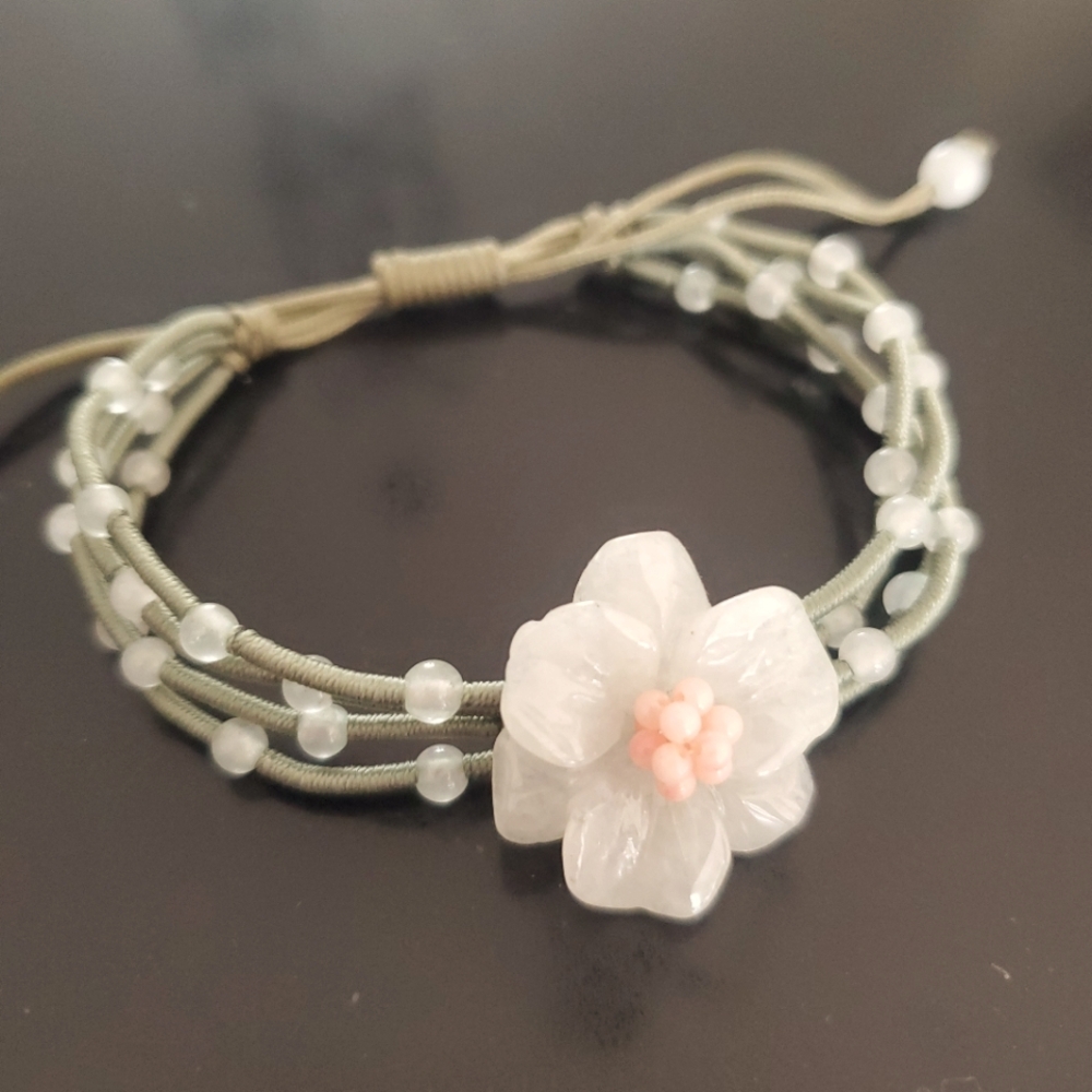 Jade Floral Bracelet with White and Pink Accents - Adjustable a Wish for Wealth